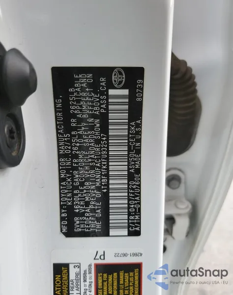 2015 Toyota Camry Le z USA, uszkodzony, nr VIN 4T1BF1FKXFU932547